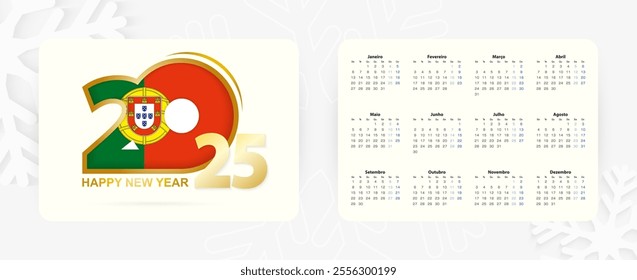 Horizontal Pocket Calendar 2025 in Portuguese language. New Year 2025 icon with flag of Portugal. Vector calendar.