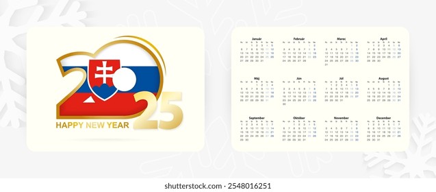 Calendario Horizontal de bolsillo 2025 en idioma eslovaco. Icono del año Nuevo 2025 con la bandera de Eslovaquia. Calendario de Vector.