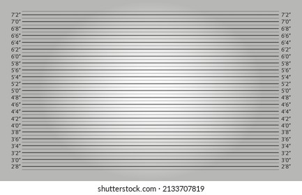 Horizontal police mugshot background with lighting effect. Feet height chart for photo of wanted, arrested or suspect person identity. Vector realistic illustration.