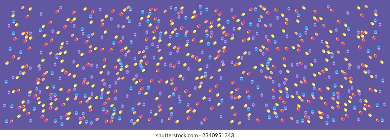 Horizontal polka dot background with shifted elements, color glitch. The lilac background color is an example. Vector.