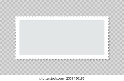 Sello postal horizontal. Sello de correo vacío. Etiqueta perforada de rehenes. Marco rectangular postal. Borde en blanco para la letra del sobre. Postal de papel blanco aislado en fondo gris. Ilustración vectorial.