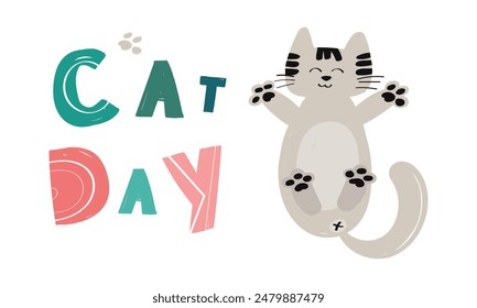 Postal Horizontal con lindo gato. letras dibujadas a mano Día del gato. Ilustración vectorial de dibujos animados.