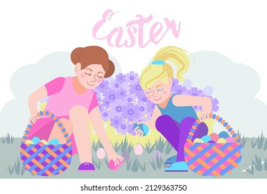 Horizontal postcard. Cute little girls collect Easter eggs in baskets in the garden. Search for holiday painted eggs. Cute card. Vector drawing in a flat cartoon style. Inscription :  Easter