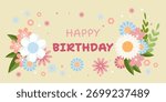 Horizontal postcard with delicate spring flowers and leaves in soft pastel colors on a yellow background. Elegant floral vector design Greeting card. Happy Birthday text.