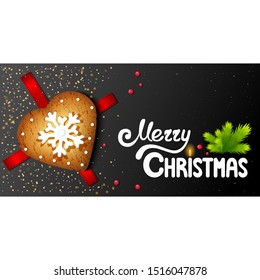 Horizontal postcard on a black background with in the shape of a heart christmas cookies and hand-written lettering merry christmas text