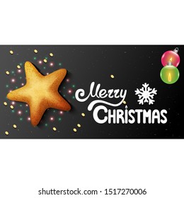 Horizontal postcard on a black background with star shaped Christmas cookies and hand-written lettering Merry Christmas text