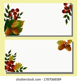 Horizontal postcard on the theme of autumn. Autumn event card set, themed advertising collection, discount certificate. Vector illustration