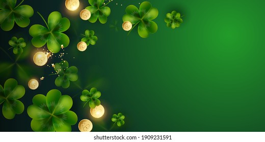 Horizontal Postcard for St. Patrick's Day. Clover leaves with coins on dark green background for greeting holiday design with space for text Vector illustration.