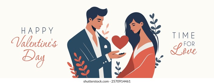 Horizontal postcard with Valentine's Day. Lovers. Young man gives a heart to a woman, symbolizing love, romance, care. Vector bright flat illustration for love sites, dating apps, posters, banners