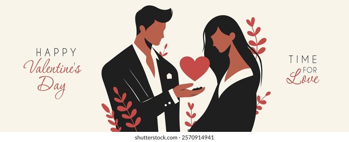 Horizontal postcard with Valentine's Day. Lovers. Young man gives a heart to a woman, symbolizing love, romance, care. Vector bright red and black colors flat illustration for love sites, dating apps