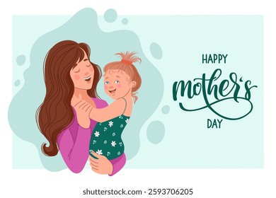 Horizontal postcard with a woman and a daughter . Vector illustration
