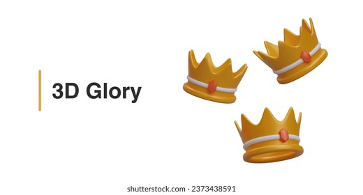 Horizontal poster with 3d realistic crowns in different positions. Model for computer game. Crowns for coronation and awards in game Horizontal vector illustration