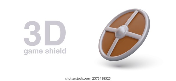 Horizontal poster with 3d realistic game shield and place for text. Side view of equipment for games for knight. Vector illustration in brown and gray colors