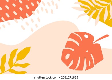 Horizontal poster with abstract shapes, leaves. Modern abstract background with tropical monstera leaves, branches and leaves. Modern vector illustration.