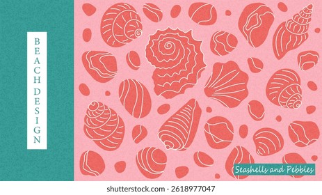 Horizontal poster or banner with shells and pebbles on sand. Hand drawn sea design templates for cover, branding, label, packaging, advertising, backgrounds. Vector illustration