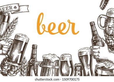 Horizontal poster Beer set. Hand drawn sketch with glass, bottle, hop branch with leaf, ear of barley. Vintage vector color engraving illustration isolated on white background.