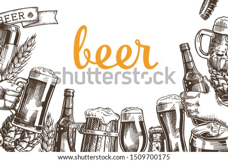 Horizontal poster Beer set. Hand drawn sketch with glass, bottle, hop branch with leaf, ear of barley. Vintage vector color engraving illustration isolated on white background.