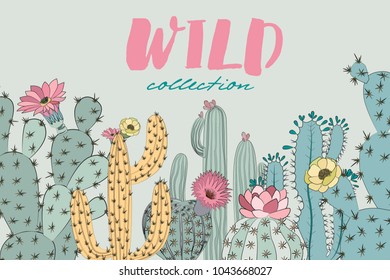 Horizontal poster with cactus and succulent in sketch style. Editable vector illustration