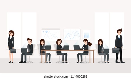 Horizontal poster of colleagues working at light big room vector illustration. Creative office workspace with dynamic chart analytics arrows on background