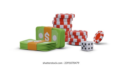 Horizontal poster with collection of round chips, game cubes, and banknotes. Winning, cash prize, jackpot in web casino. Vector illustration in 3D style with white background