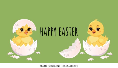 Horizontal poster with cute smiling baby chicken hatching from the egg. Vector Happy Easter banner with chick. Egg hunt game.