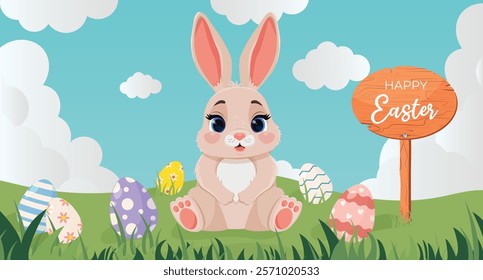 Horizontal poster with cute smiling bunny sitting on meadow with different egg designs and wooden sign board Happy Easter. Vector Happy Easter banner with rabbit outdoors. Egg hunt game.