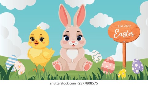 Horizontal poster with cute smiling bunny and chick sitting on meadow with different egg designs and wooden sign board Happy Easter. Vector Happy Easter banner with rabbit outdoors. Egg hunt game.