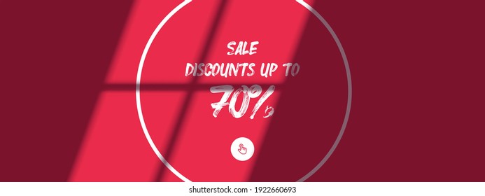 Horizontal poster design template for the day of sale. The shadow from the window falls on a light pink background with text in the frame, a 70 percent discount. Suitable for sales, social networks