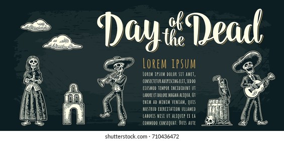 Horizontal poster for Dia de los Muertos  Skeleton in Mexican national costumes hold candle  dance  play guitar  trumpet  Vintage vector white engraving dark background  Day the Dead lettering