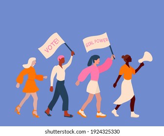 Horizontal poster with different skin color women with banner and megaphone. International women’s day. 8th march. Vector illustration in flat style for greeting card, postcard, banner.