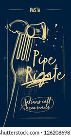 Horizontal Poster with different types of Italian Pasta. Pipe Rigate pasta. Chalked Style. Blue Dark background