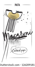 Horizontal Poster with different types of Italian Pasta. Macaroni pasta. Chalked Style. White background