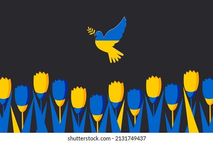 Horizontal poster with a dove of peace on a black background and spring tulips in the national colors of the flag of Ukraine. Peace to Ukraine. Vector.