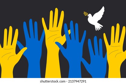 Horizontal poster with a dove of peace on a black background. Hands of the Ukrainian people in the struggle for peace in the symbolic colors of the flag of Ukraine blue and yellow. Vector.