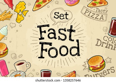 Horizontal poster fast food. Cola, coffee, hamburger, hotdog, fry potato, ketchup, pizza, ice cream, donut. Vector color flat illustration on beige chalkboard with vintage engraving lettering, bubble