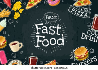 Horizontal poster fast food. Cola, coffee, hamburger, hotdog, fry potato, ketchup, pizza, ice cream, donut. Vector color flat illustration on black chalkboard with vintage engraving lettering, bubble