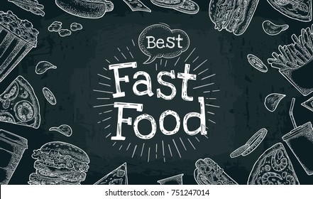Horizontal poster fast food. Cup cola, coffee, hamburger, hotdog, fry potato, pizza, chips, carton bucket popcorn. Vector white engraving illustration on black chalkboard with vintage lettering.