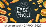 Horizontal poster fast food menu. Chips, hamburger, pizza, hotdog, fry potato in paper box, taco, burrito. Vector realistic color isolated illustration and lettering on dark