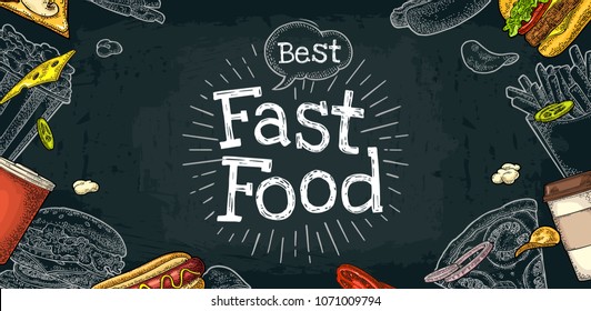 Horizontal poster fast food menu. Cup cola, coffee, hamburger, hotdog, fry potato, pizza, chips, carton bucket popcorn. Vector white engraving illustration on black chalkboard with vintage lettering.