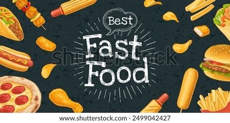 Horizontal poster fast food menu. Chips, hamburger, pizza, hotdog, fry potato in paper box, taco, burrito. Vector realistic color isolated illustration and lettering on dark