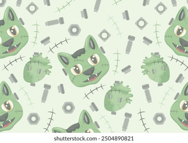 horizontal poster of Halloween icons with a cat in a Frankenstein mask, bolts, scars, a monster heart with bolts and a Frankenstein mask, vector