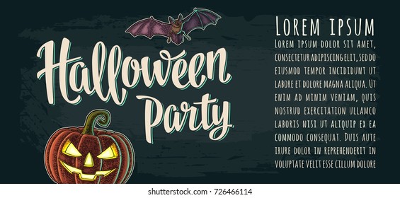 Horizontal poster with Halloween party calligraphy lettering. Vector color vintage engraving illustration bat flying and pumpkin scary face isolated on dark background