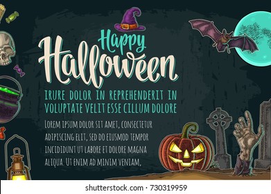 Horizontal poster with Halloween party calligraphy lettering, bat, lamp, hand zombie, moon, cross, cemetery, grave, pumpkin scary face. Vector color vintage engraving illustration on dark background