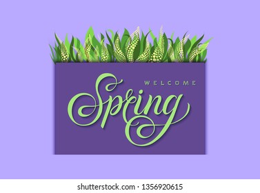 Horizontal poster with hand drawn lettering - Welcome Spring on purple frame with decorative floral design on background. This is template can be used for banner, invitation, card. Vector illustration