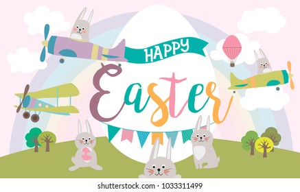 Horizontal poster for Happy Easter with cartoon characters and view of meadow. Vector illustration.