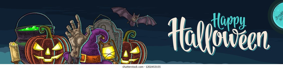 Horizontal poster with Happy Halloween handwriting calligraphy lettering. Bat, lamp, moon, witch hat, magic pot, pumpkin scary face. Vector color vintage engraving illustration on night sky