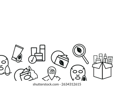 horizontal poster with icons on the theme of skin care, various cosmetic products for facial care drawn with a black outline