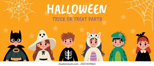 Horizontal poster with kids in unicorn, witch, skeleton, dinosaur costumes. Halloween banner poster design template. Cute Kids flat graphic vector illustrations isolated on orange background. 