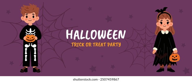 Horizontal poster with kids in witch and skeleton costumes with pumpkins in their hands. Halloween poster design template. Kids flat graphic vector illustration isolated on purple background. 