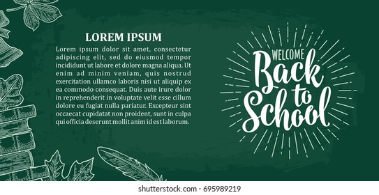 Horizontal poster with leaf, book, bell and lettering Welcome Back to School. Vector vintage engraving illustration on green background